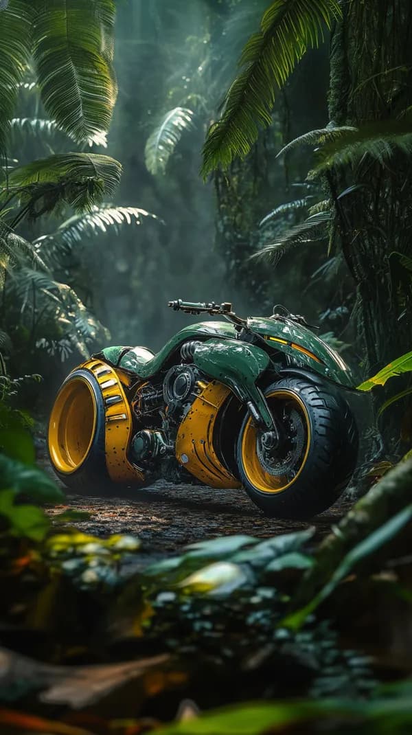 Futuristic Green Motorcycle Hidden in a Lush Jungle Scene - HD Wallpaper, 4k Background Image