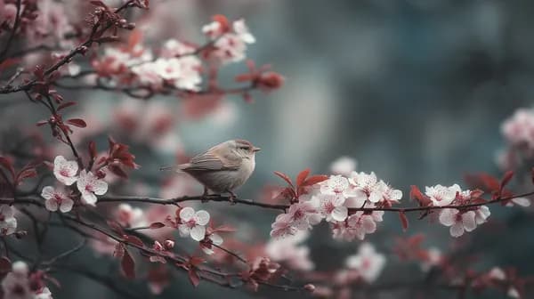 Soft Pink Blossom Branch with Tiny Songbird Wallpaper - HD Wallpaper, 4k Background Image
