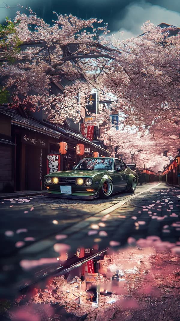 Classic Green Car on Sakura Street at Dusk with Blossoms - HD Wallpaper, 4k Background Image