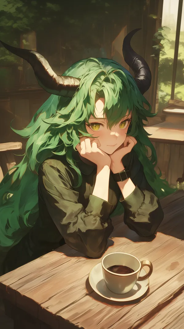 Sunlit Green-Haired Fantasy Character at Café Wallpaper - HD Wallpaper, 4k Background Image