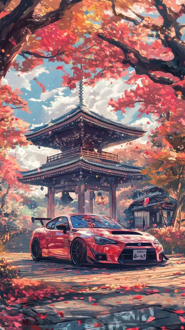 Autumn Sunset: Red Sports Car by a Traditional Asian Temple - HD Wallpaper, 4k Background Image