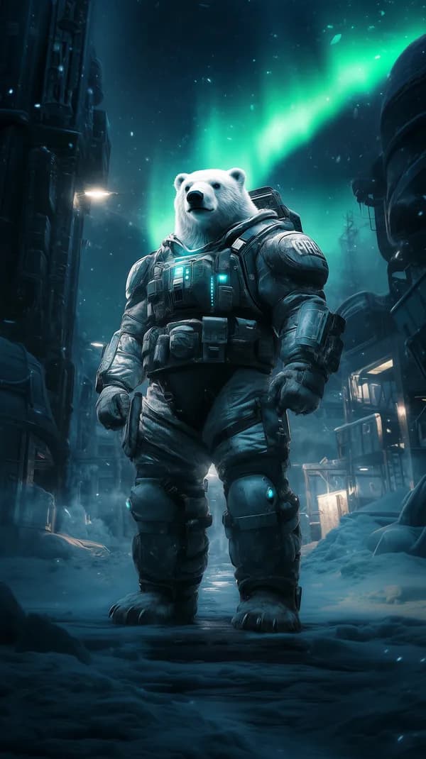 Polar Bear in Futuristic Armor Under Aurora Lights in Snow City - HD Wallpaper, 4k Background Image
