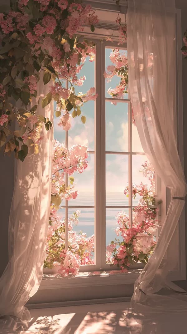 Dreamy Window View with Pink Blossoms and Soft Sheer Curtains - HD Wallpaper, 4k Background Image