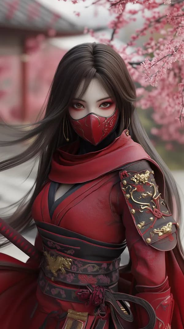 Red-clad Warrior Woman in Ornate Armor Under Cherry Blossoms - HD Wallpaper, 4k Background Image
