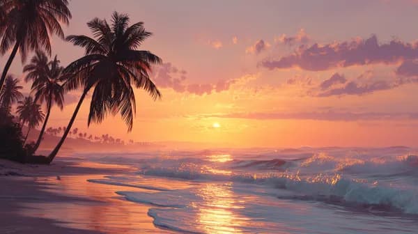 Tropical Sunset Beach Wallpaper with Palm Trees and Waves - HD Wallpaper, 4k Background Image