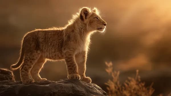 Golden Hour Lion Cub Perched on a Rock - Serene Wildlife Wallpaper - HD Wallpaper, 4k Background Image