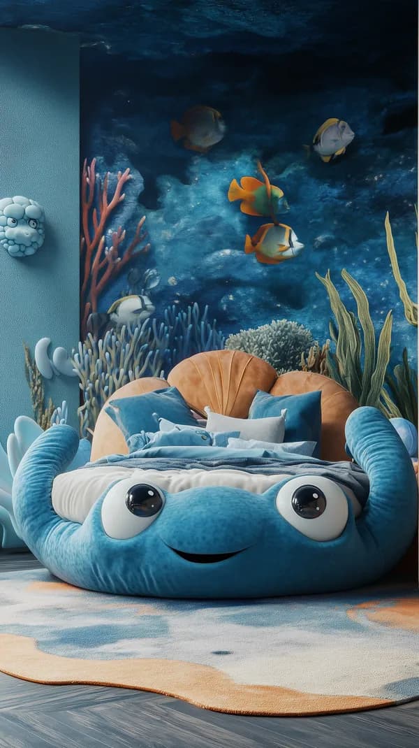 Whimsical Ocean-Themed Kids Bedroom with Shark Bed - HD Wallpaper, 4k Background Image