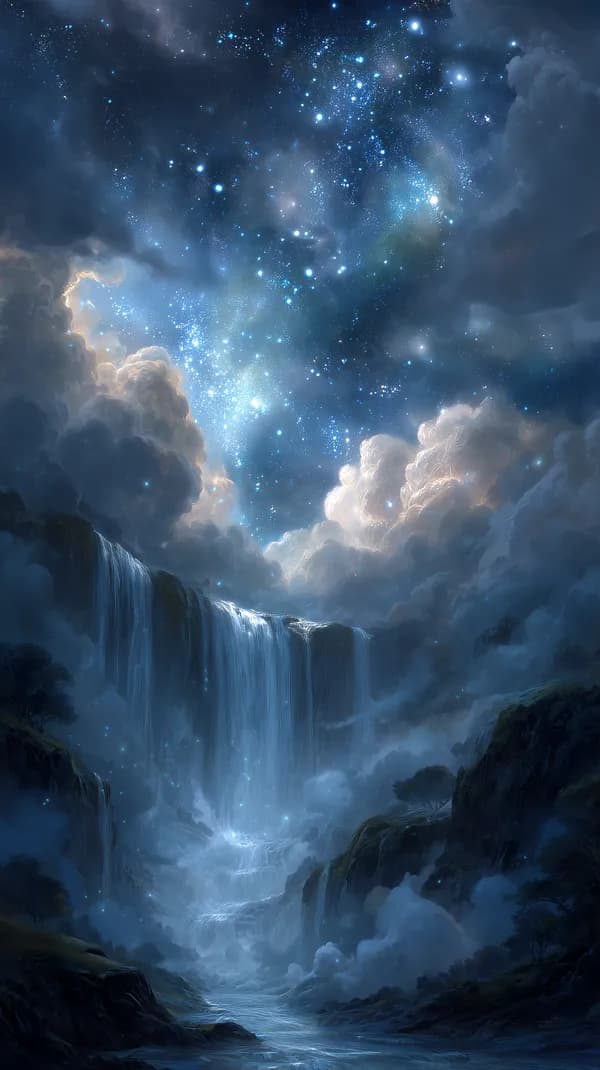 Celestial Nightscape: Enchanted Blue Waterfall Valley - HD Wallpaper, 4k Background Image