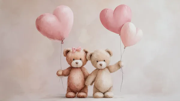 Cute Teddy Bears with Pink Heart Balloons - Cozy Wall Art - HD Wallpaper, 4k Background Image