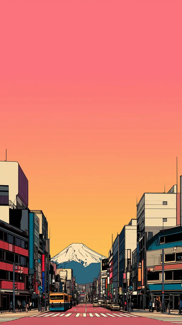 Urban Sunset City Street at Dusk with Snowy Mountain Peak - HD Wallpaper, 4k Background Image