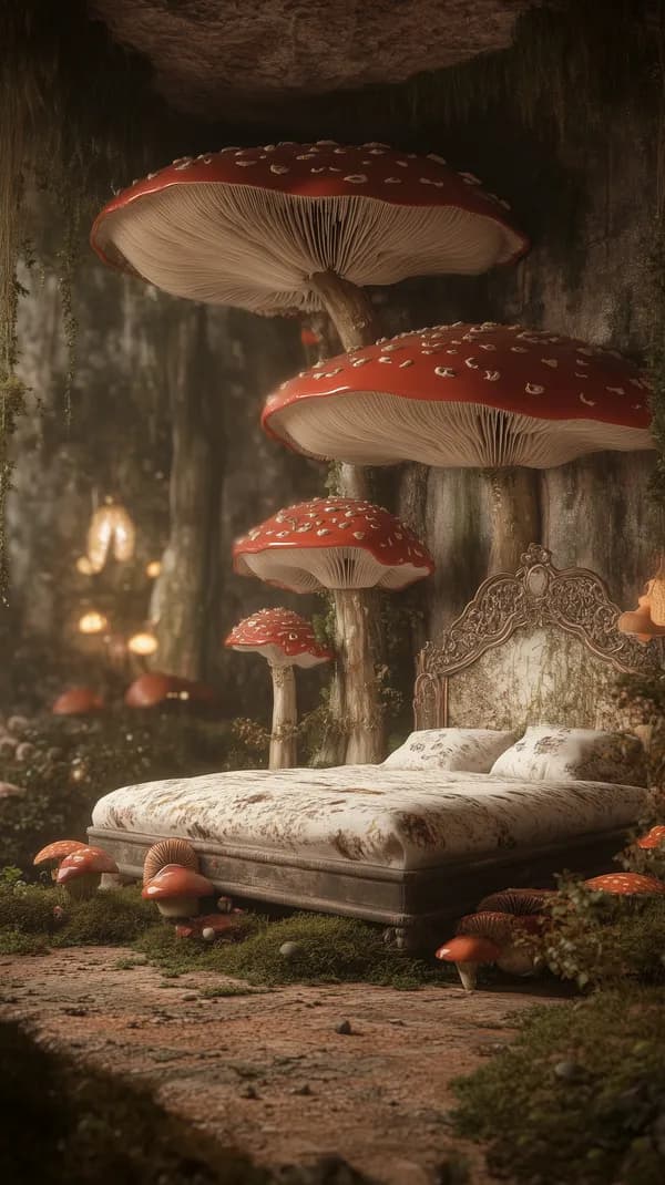 Enchanted Forest Bedscape: Giant Red Mushrooms & Glow - HD Wallpaper, 4k Background Image