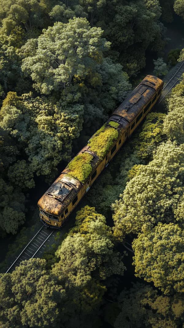 Overgrown Train in Dense Forest — Aerial Jungle Rail Scene - HD Wallpaper, 4k Background Image