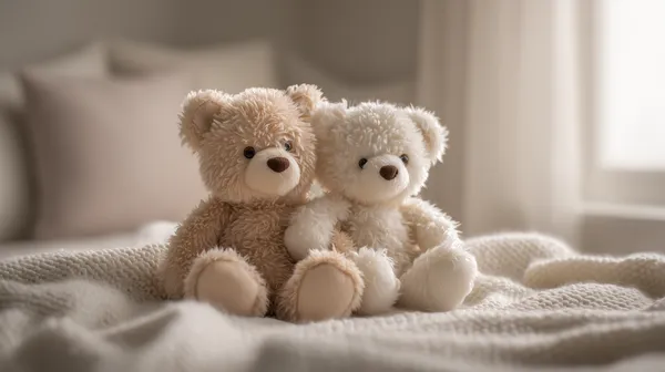 Cozy Plush Teddy Bears on a Soft Bed – Warm Nursery Wallpaper - HD Wallpaper, 4k Background Image