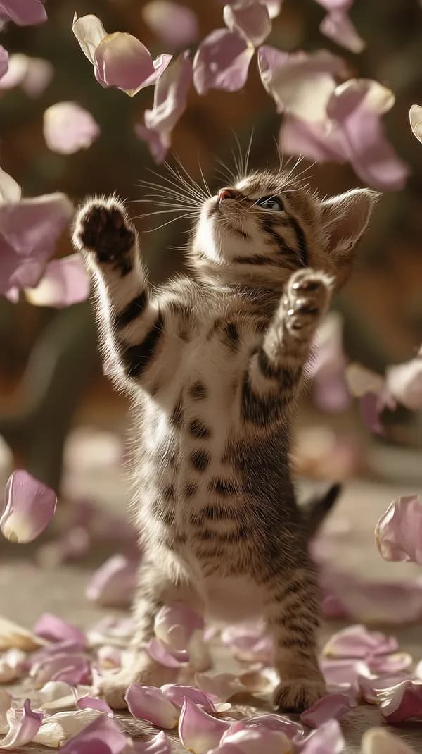 Adorable Kitten Reaching for Petals in Soft Sunset Light - HD Wallpaper, 4k Background Image