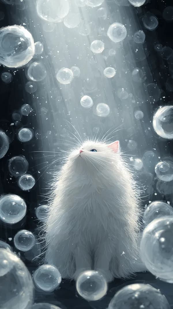 Whimsical White Cat Under Soft Light and Bubbles Dreamy - HD Wallpaper, 4k Background Image