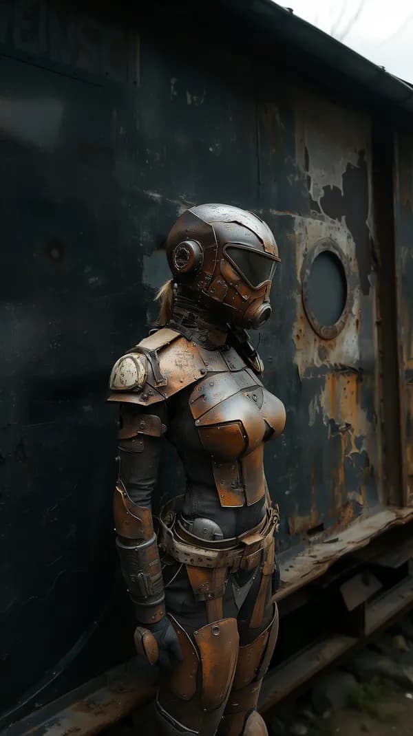 Bronze Armored Suit Amid Rusty Train Car in Post-Apocalyptic Scene - HD Wallpaper, 4k Background Image