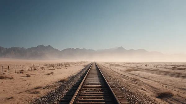 Endless Desert Rail Tracks Toward Mountain Horizon at Dawn - HD Wallpaper, 4k Background Image