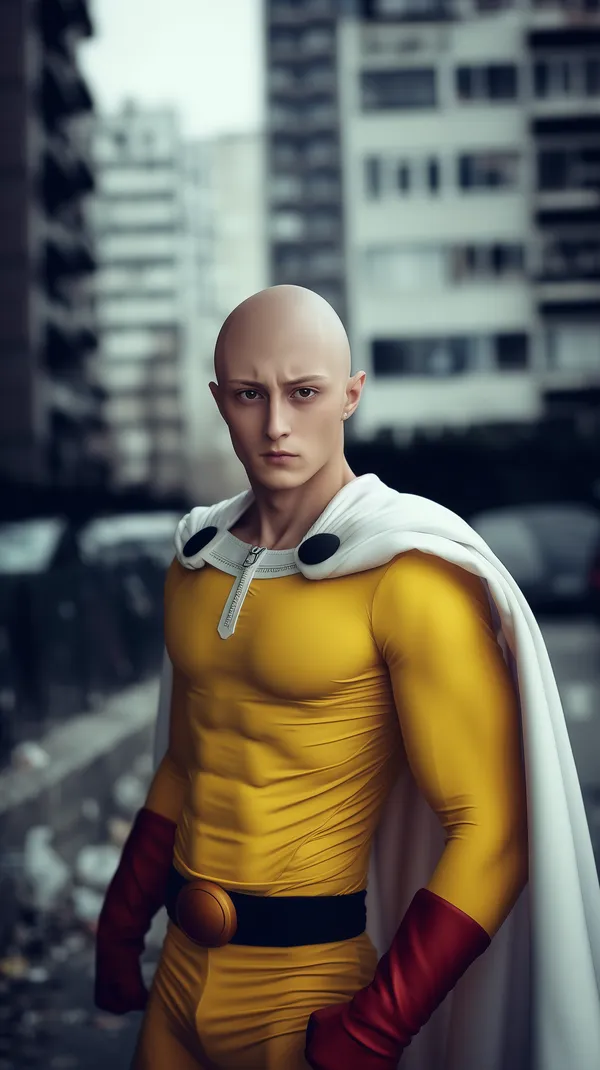 Bald Superhero in Yellow Suit with White Cape – City Portrait - HD Wallpaper, 4k Background Image