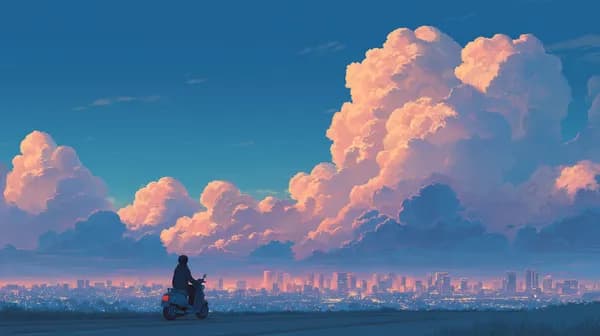 Dreamy sunset cityscape with rider and dramatic pink clouds - HD Wallpaper, 4k Background Image