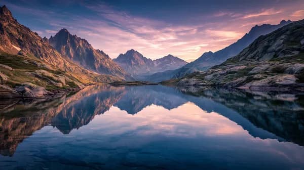 Tranquil Mountain Lake at Sunset with Reflecting Peaks - HD Wallpaper, 4k Background Image