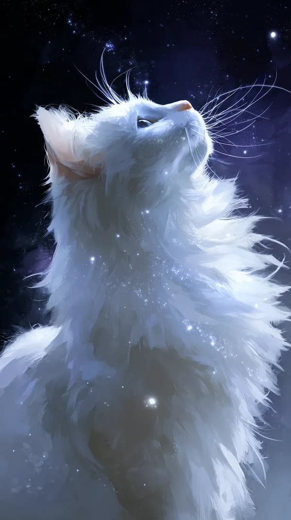 Dreamy White Cat Under Starry Night Sky - Cosmic Fur Wallpaper - HD Wallpaper, 4k Background Image