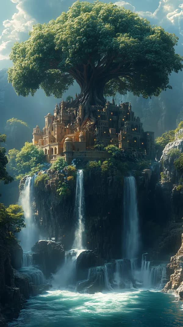 Ancient Tree-Crowned Castle Perched Above Cascading Waterfalls - HD Wallpaper, 4k Background Image