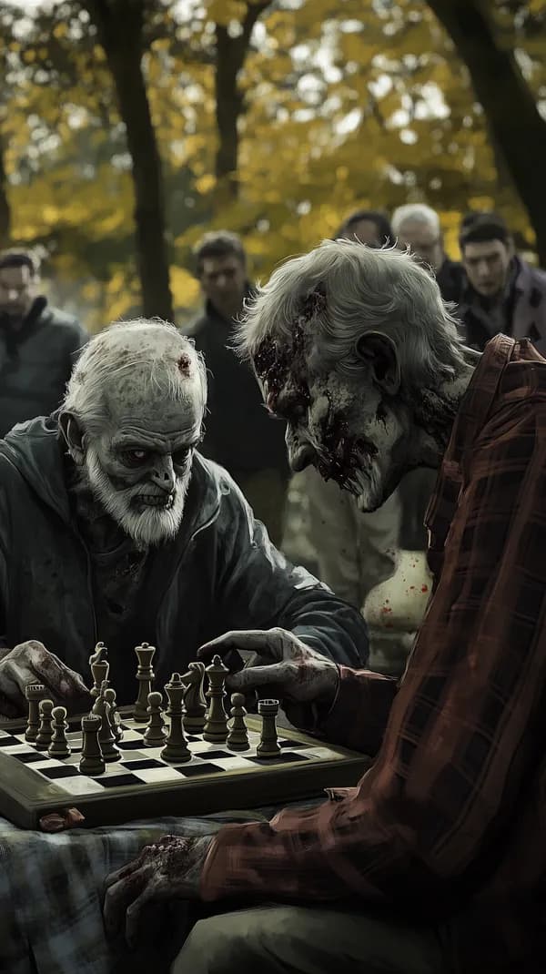 Haunting Forest Chess Duel: Undead Elders Face Off at Dusk - HD Wallpaper, 4k Background Image