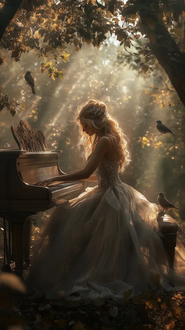 Dreamy Autumn Piano Serenade in a Sunlit Forest with Golden Rays - HD Wallpaper, 4k Background Image