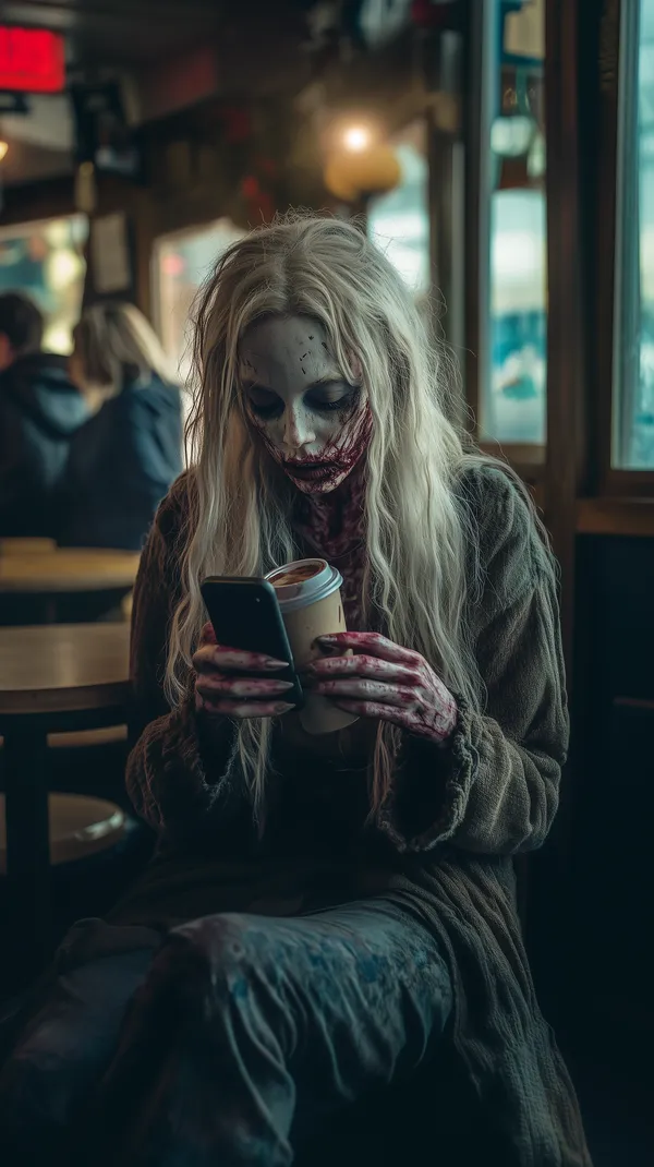 Dark Horror Cafe Portrait: Undead Woman Gazing at a Phone - HD Wallpaper, 4k Background Image