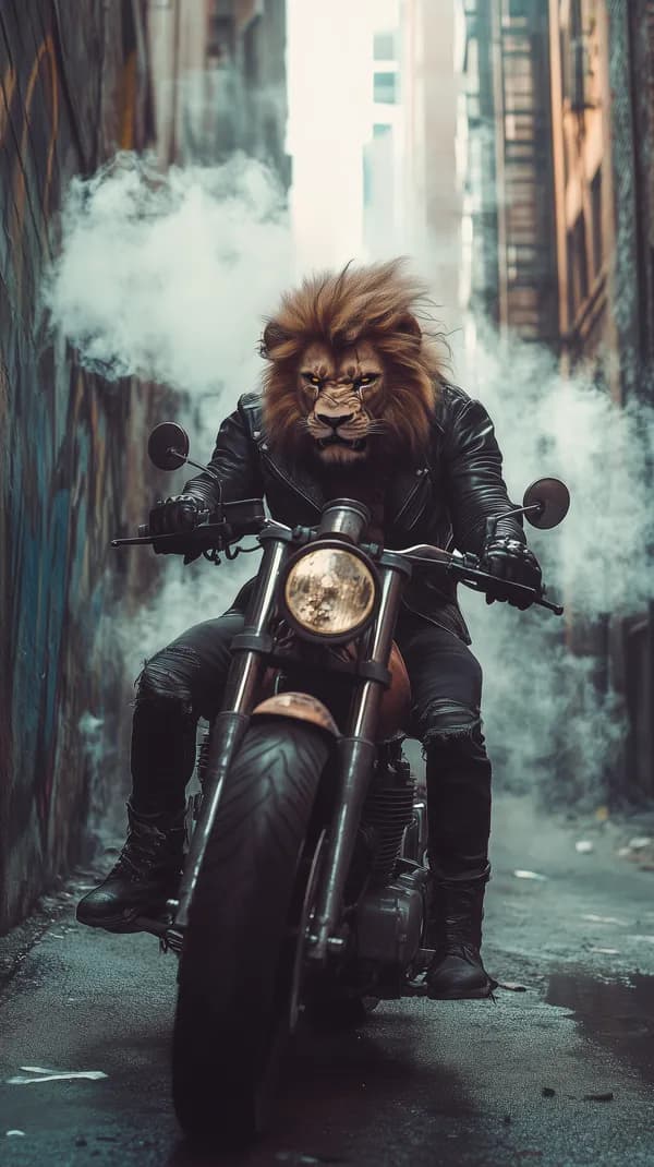 Intense Lion Rider on a Motorcycle in a Neon Urban Alley - HD Wallpaper, 4k Background Image