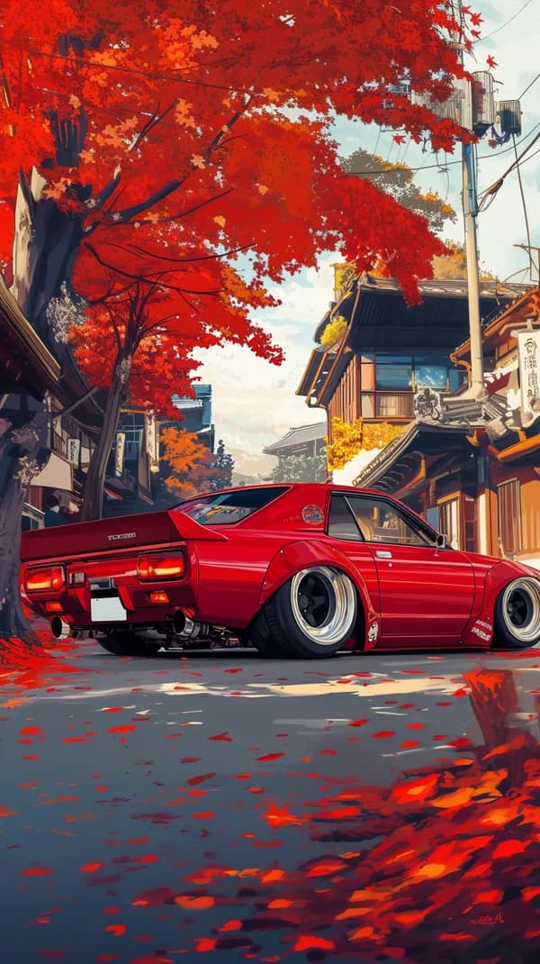 Vibrant Red Sports Car in Autumn City Street Scene - HD Wallpaper, 4k Background Image