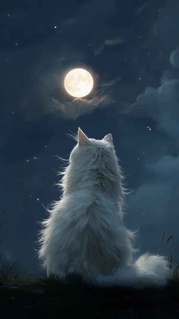 Moonlit Night: Silky White Cat Under a Full Moon Overhead - HD Wallpaper, 4k Background Image
