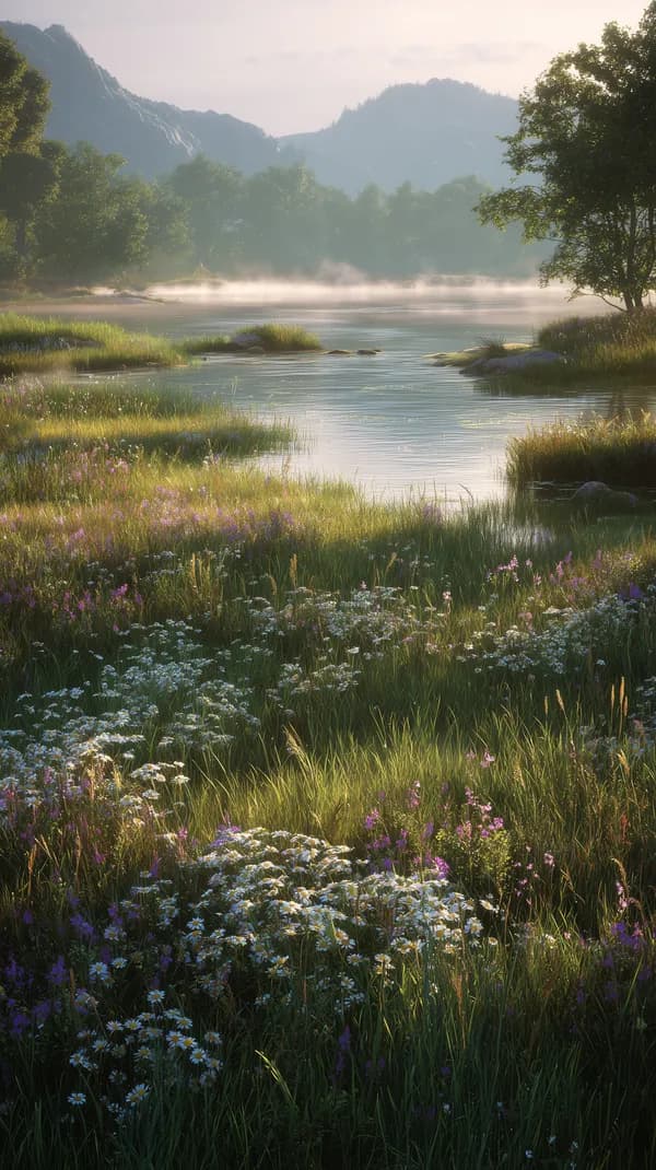 Tranquil meadow by a misty lake at sunrise in warm morning light - HD Wallpaper, 4k Background Image