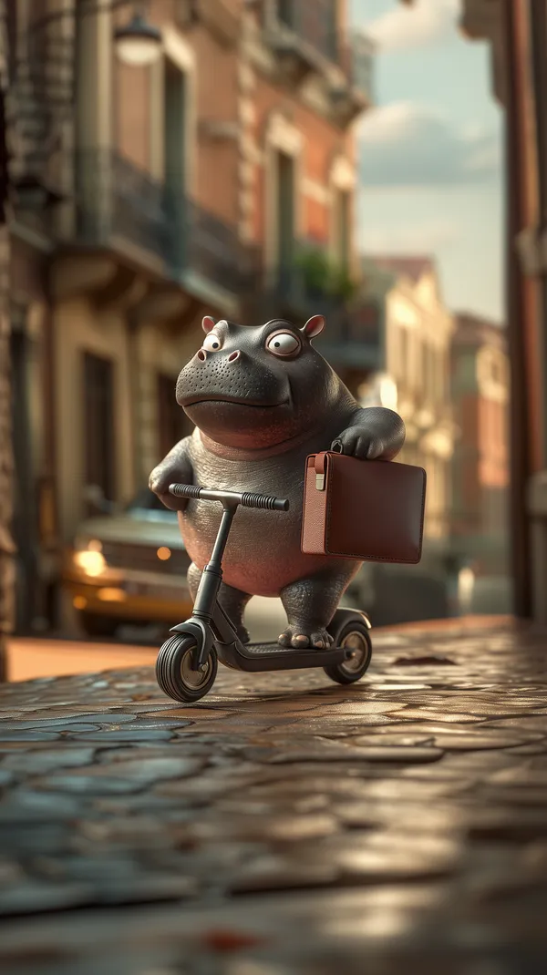 Whimsical Hippo on a Scooter in a Warm City Street - HD Wallpaper, 4k Background Image
