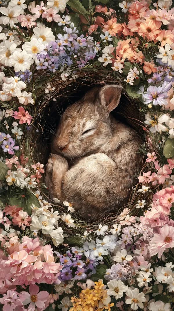 Pastel Floral Nest with Sleeping Bunny - Dreamy Wallpaper - HD Wallpaper, 4k Background Image