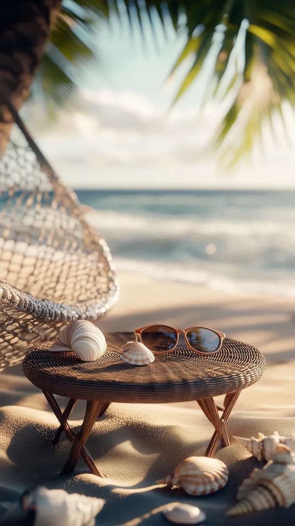 Golden Hour Beach Scene with Shells and Sunglasses on Rattan Table - HD Wallpaper, 4k Background Image