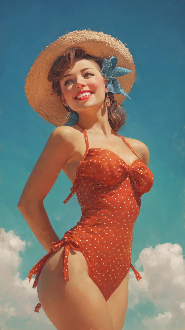 Vintage Style Beach Beauty in Red Polka Dot Swimsuit - HD Wallpaper, 4k Background Image