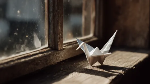 Soft Sunlit Origami Crane on a Rustic Window Sill in Morning Light - HD Wallpaper, 4k Background Image