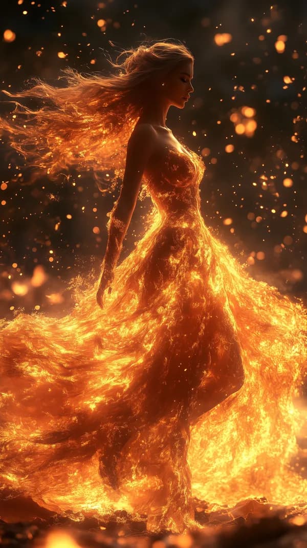 Fiery Figure in Lava Dress: Ethereal Ember Portrait - HD Wallpaper, 4k Background Image
