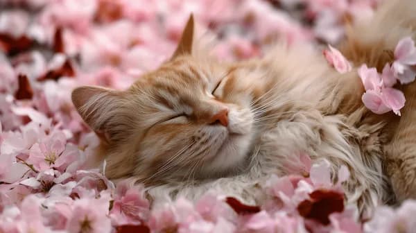 Tranquil Pink Petal Dream: Sleeping Cat Wallpaper Scene - HD Wallpaper, 4k Background Image