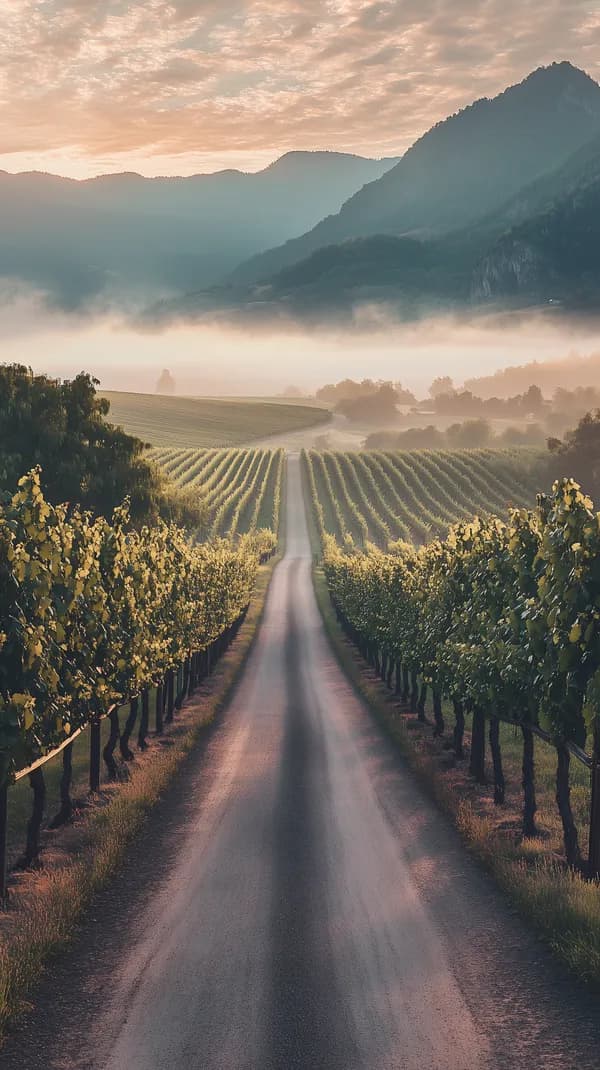 Tranquil vineyard road at dawn among misty mountains - HD Wallpaper, 4k Background Image