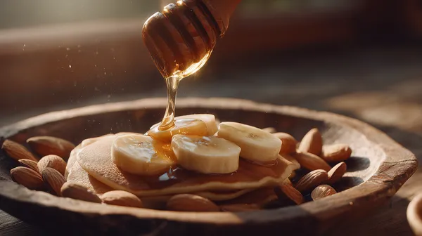 Golden Honey Banana Pancakes on Rustic Wood Plate with Almonds - HD Wallpaper, 4k Background Image
