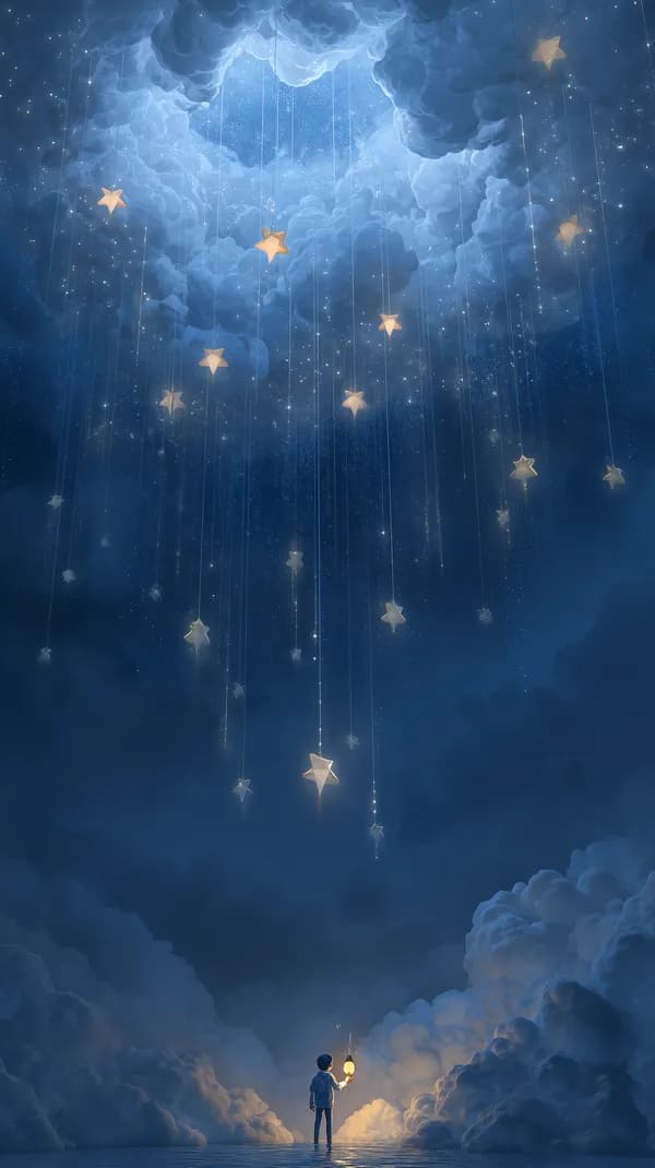 Dreamy Night Sky Wallpaper with Hanging Star Lanterns and Clouds - HD Wallpaper, 4k Background Image