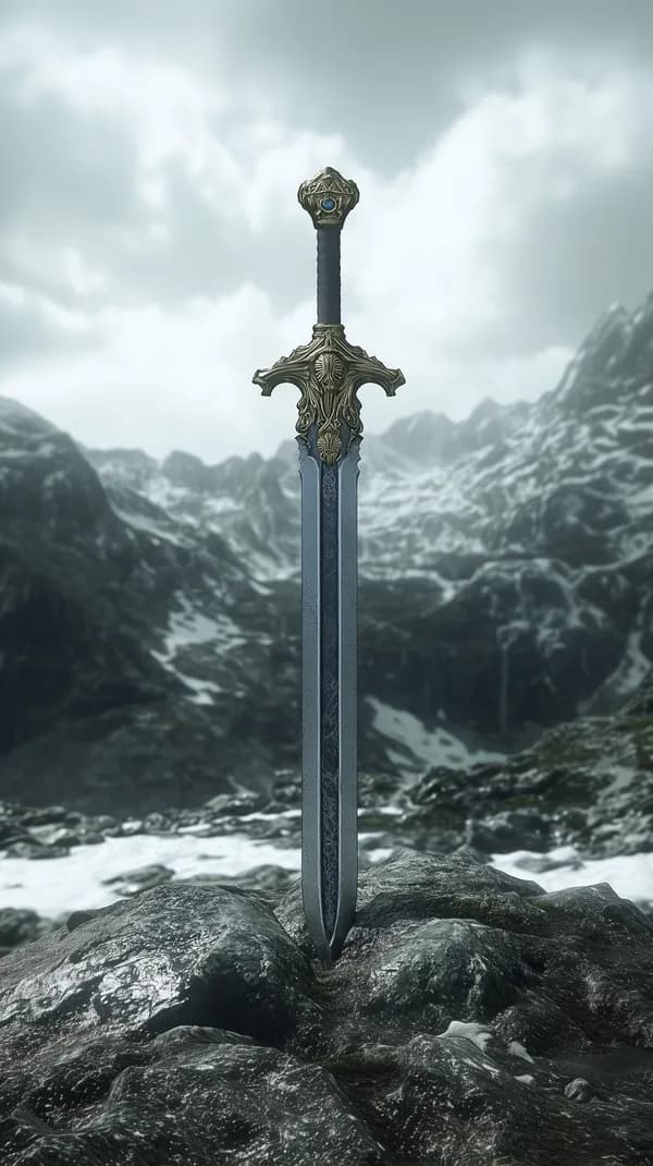 Majestic Fantasy Sword in a Snowy Mountain Landscape - HD Wallpaper, 4k Background Image
