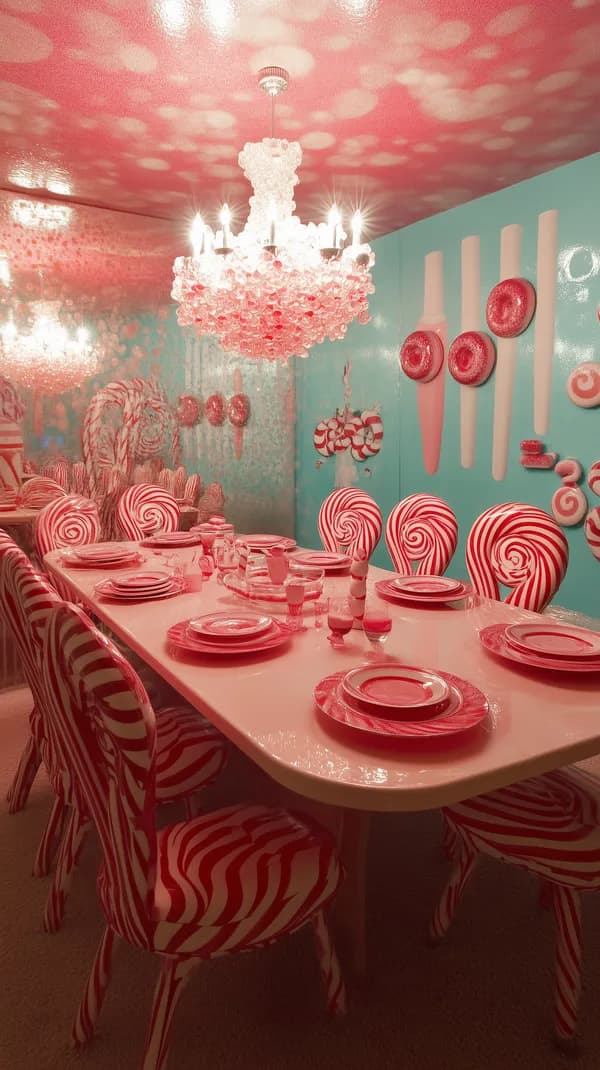 Candy Pink Dining Room with Peppermint Stripes and Chandelier - HD Wallpaper, 4k Background Image