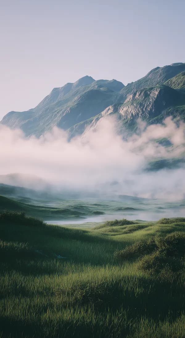 Dawn Mist Over Green Mountain Valley with Rolling Hills - HD Wallpaper, 4k Background Image