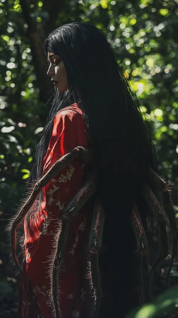 Moody forest portrait: long black hair in red floral robe, backlit - HD Wallpaper, 4k Background Image