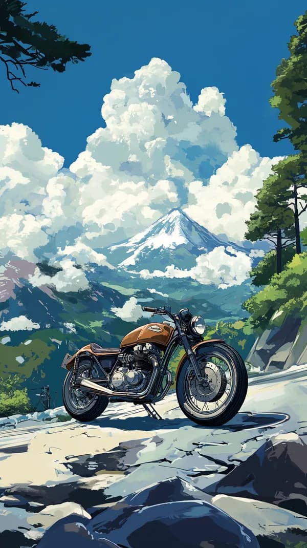 Epic Mountain Scene with Vintage Motorcycle Artwork - HD Wallpaper, 4k Background Image