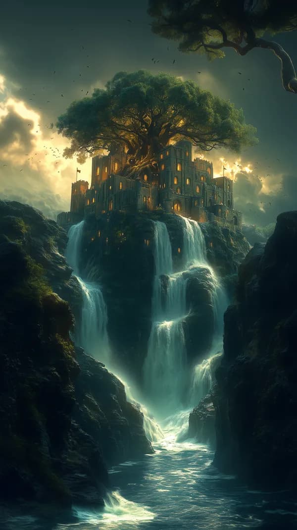 Enchanted Castle on a Cascading Waterfall at Dusk, Twilight - HD Wallpaper, 4k Background Image