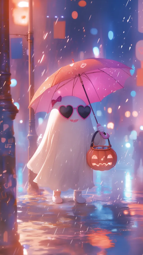 Whimsical Neon Ghost with Umbrella and Pumpkin Lantern - HD Wallpaper, 4k Background Image